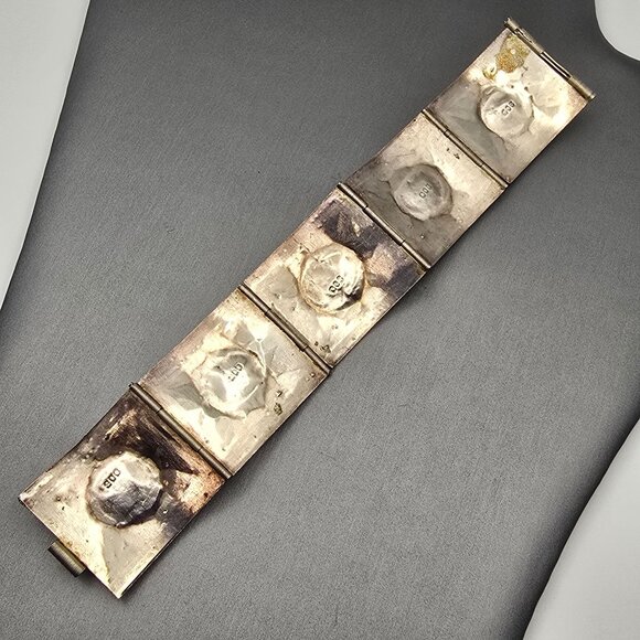 Antique 900 Silver Cannetille Carnelian Cabochon Hinged Panel Bracelet 7" - Picture 7 of 16